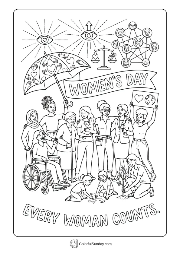 Diverse people celebrating Women's Day coloring page focused on inclusion, care, and shared value