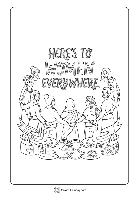 Global themed Women's Day coloring page with diverse people connected across cultures