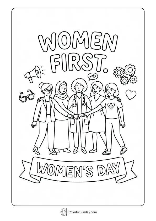Confident people shown in a Women's Day coloring page expressing priority, care, and respect