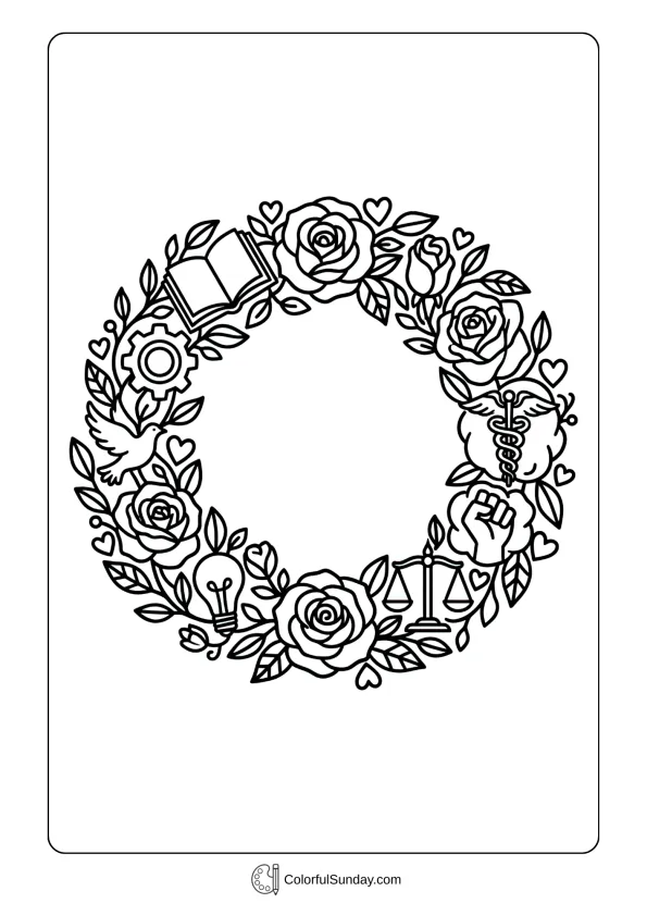 Beautiful floral wreath celebrating Women's Day achievements in a coloring page design