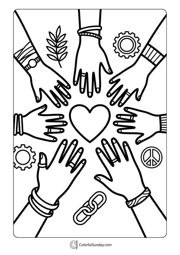 Different hands reaching together showing solidarity in a Women's Day friendship coloring page