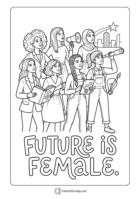 Forward-looking artwork for Women's Day coloring page highlighting confidence, leadership, and future dreams