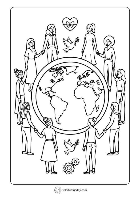 Earth globe with diverse women representing Women's Day global sisterhood coloring page