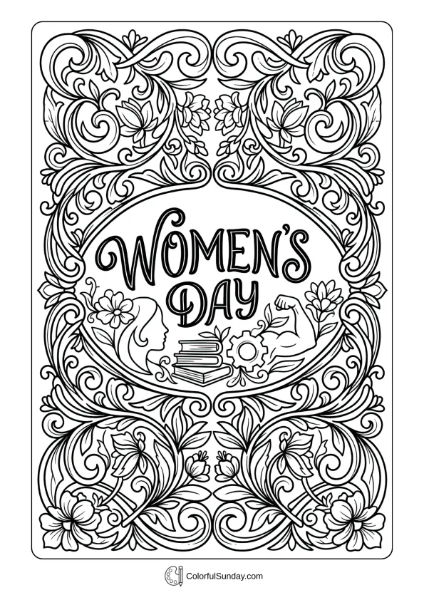 Decorative frame with empowering flourishes for Women's Day inspirational coloring page
