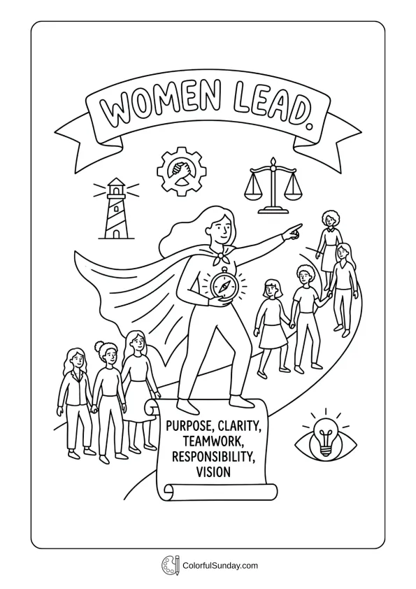 Leadership-themed scene for Women's Day coloring page with women guiding and inspiring others