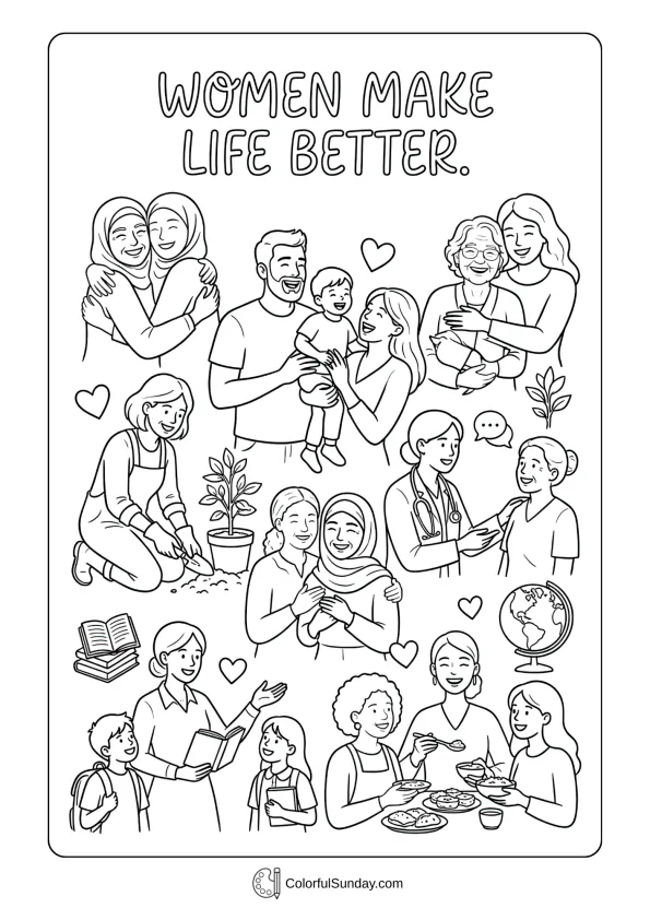 Warm illustration for Women's Day coloring page showing women improving lives with care and joy