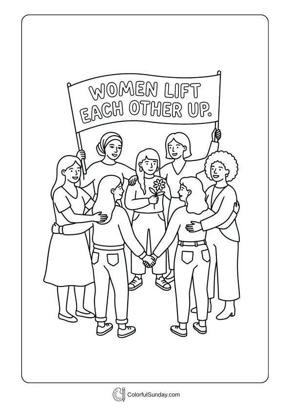 Supportive illustration for Women's Day coloring page featuring women helping and encouraging one another