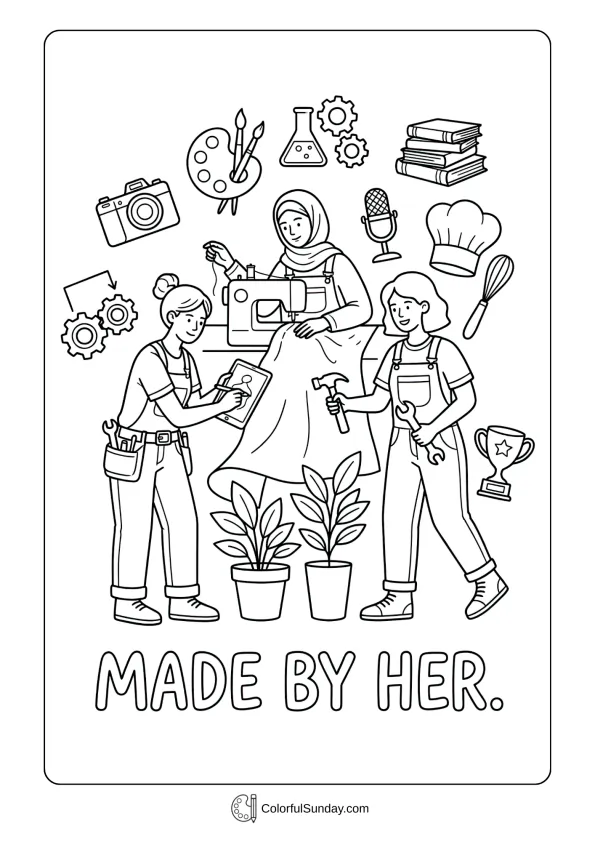 Creative scene for Women's Day coloring page showing people celebrating craft and personal contribution