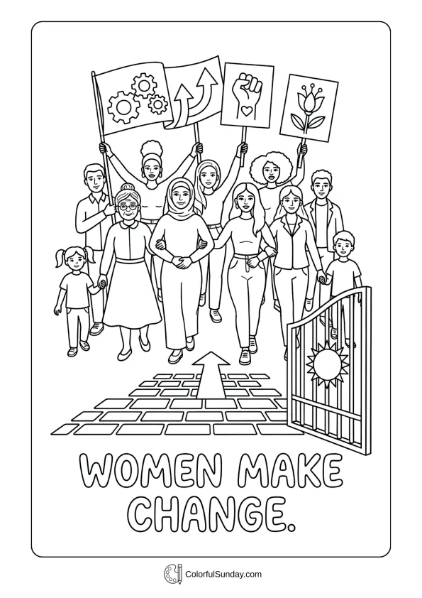 Motivated people acting together for Women's Day coloring page showing progress and teamwork
