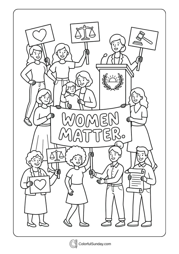 Inspiring Women's Day coloring page shows people affirming value and dignity together