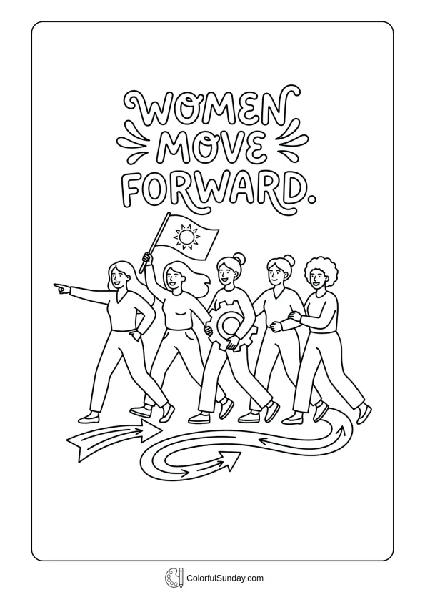 Forward motion scene for Women's Day coloring page with women moving ahead together