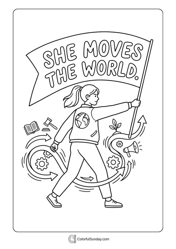 Dynamic motion in a Women's Day coloring page featuring a woman shaping the world