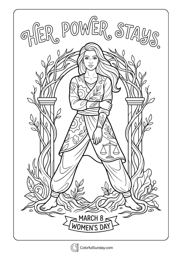 Grounded portrait for Women's Day coloring page featuring a confident woman and inner strength