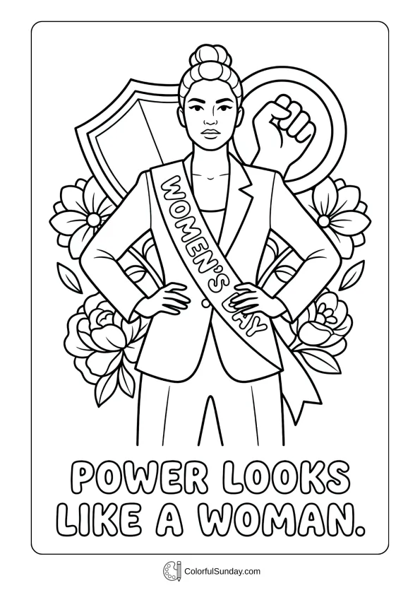 Strong Women's Day illustration with a central woman, coloring page highlighting confidence and power