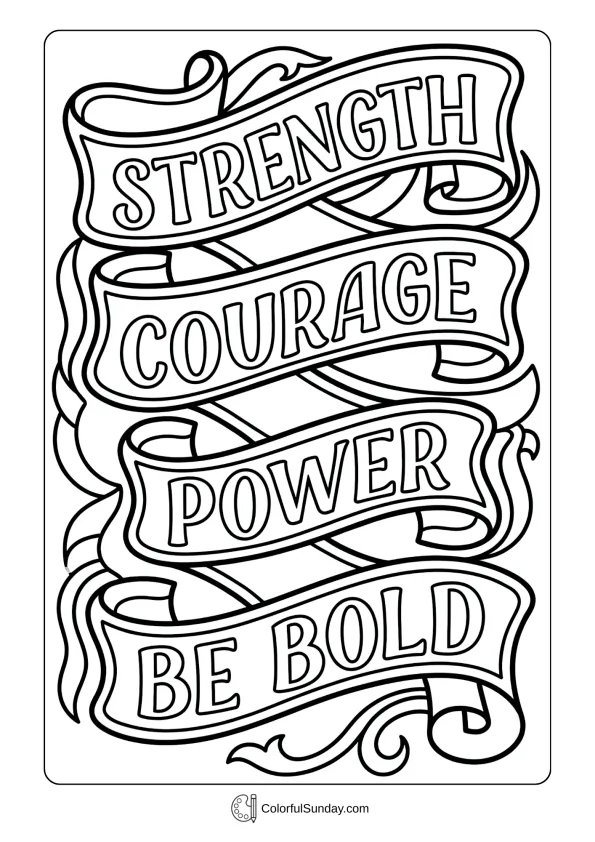 Decorative banners with inspiring text in a Women's Day strength coloring page