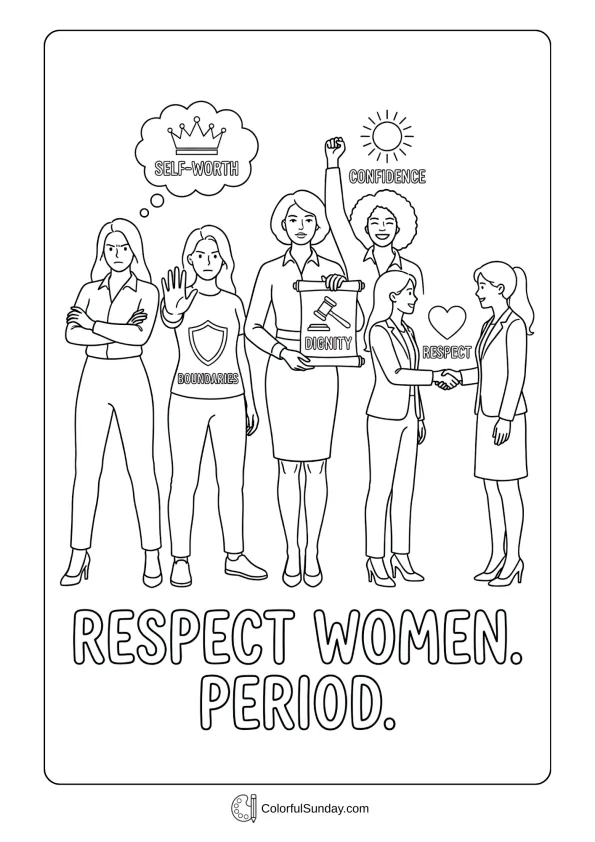 Bold illustration for Women's Day coloring page showing confident women and a clear respect message