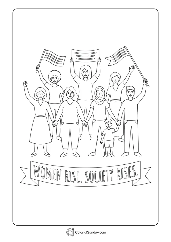 Uplifting scene for Women's Day with rising people in a coloring page about progress
