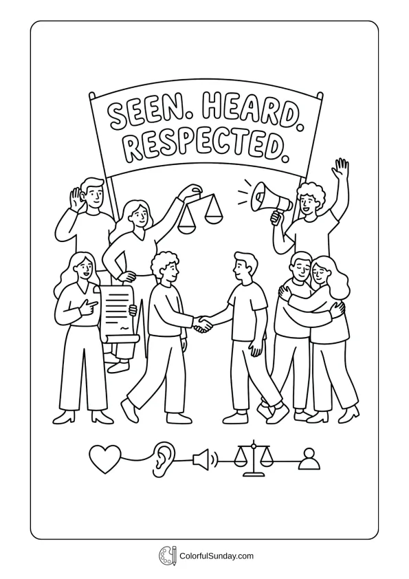 Recognition themed illustration for Women's Day coloring page highlighting dignity, voices, and respect