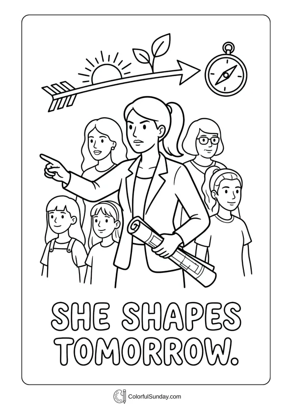 Focused leader scene for Women's Day coloring page about vision and future direction