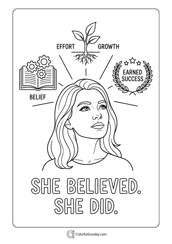 Motivational Women's Day artwork of a confident woman, coloring page about belief and action