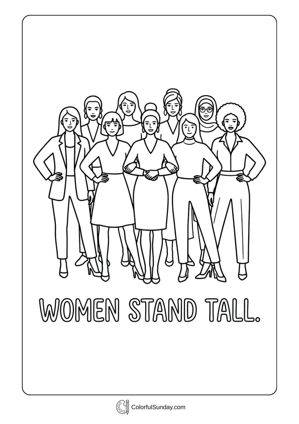 Upright women gathered for Women's Day coloring page emphasizing confidence and dignity
