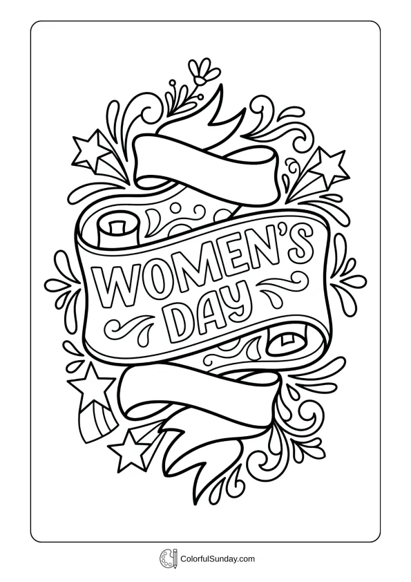 Decorative banner with stars and empowering messages for Women's Day coloring page festivities