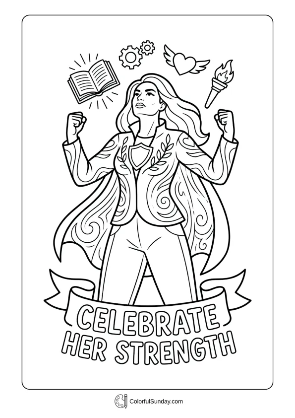 Central woman featured in a Women's Day coloring page celebrating strength and confidence