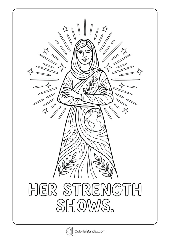 Confident woman during Women's Day coloring page highlighting resilience, pride, and inner strength