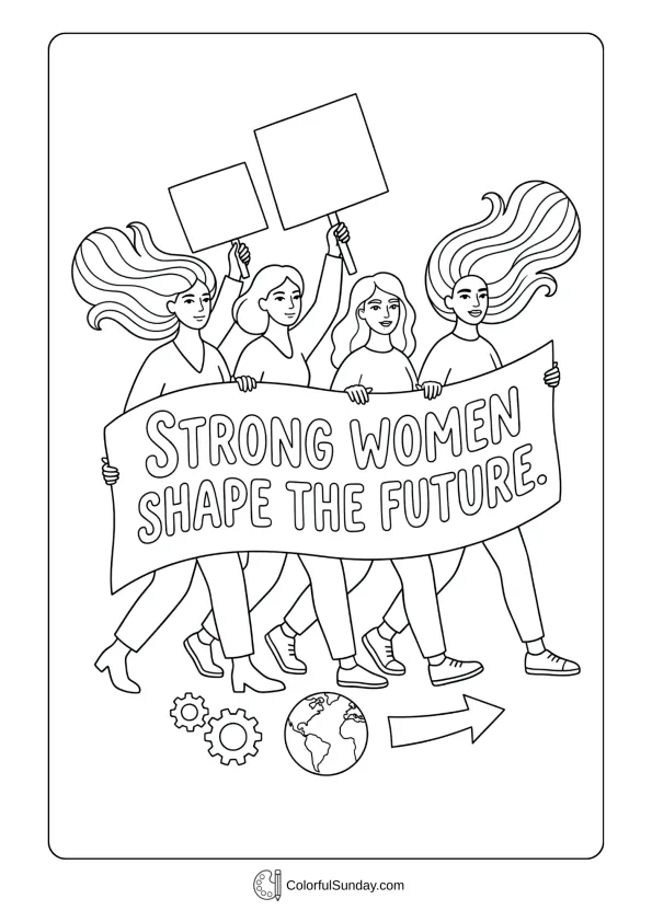 Confident people shaping tomorrow for Women's Day coloring page with leadership themes and hopeful mood