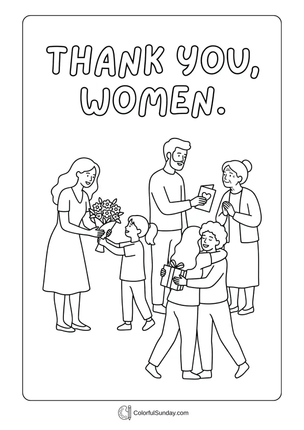Appreciation scene for Women's Day coloring page showing thankful people and warm supportive moments