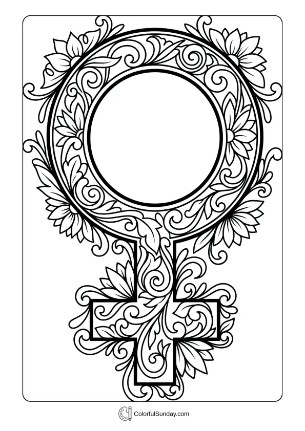 Decorative Venus symbol with ornate patterns in a Women's Day coloring page