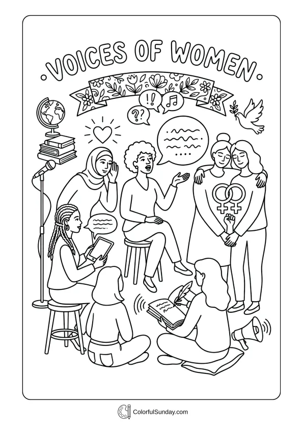 People sharing stories for Women's Day coloring page highlighting voices and solidarity