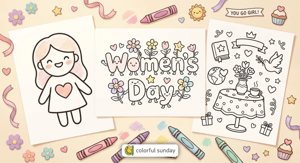 three coloring pages related to the International Women's Day