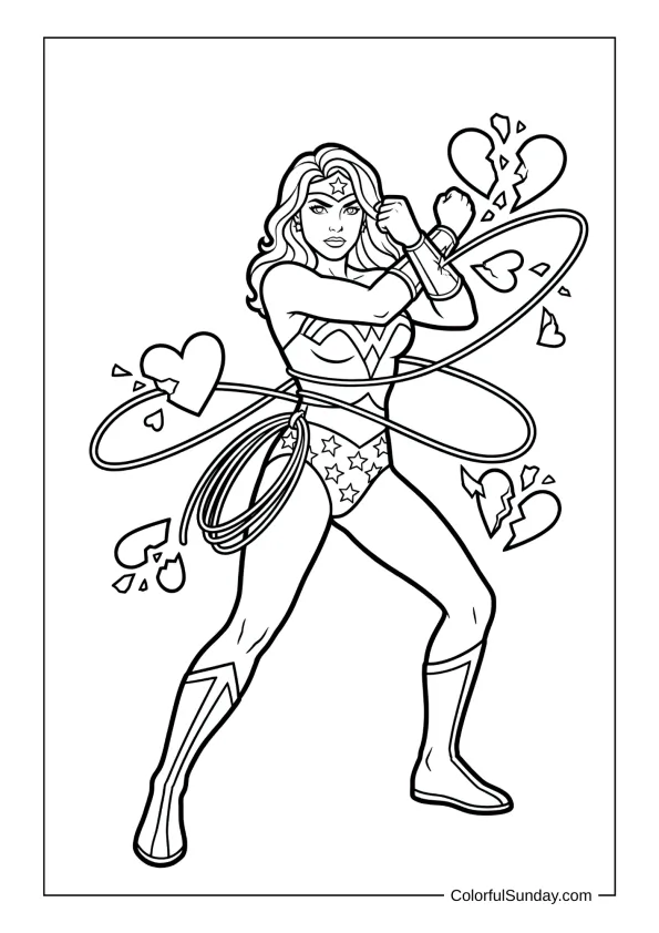 Wonder Woman with hearts coloring page