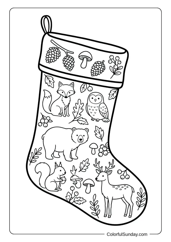A rustic Christmas stocking coloring page decorated with forest animals, pine cones, and woodland creatures