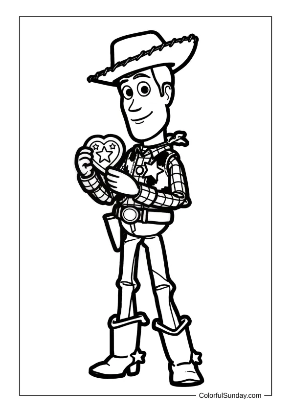 Woody holding heart badge in a coloring page