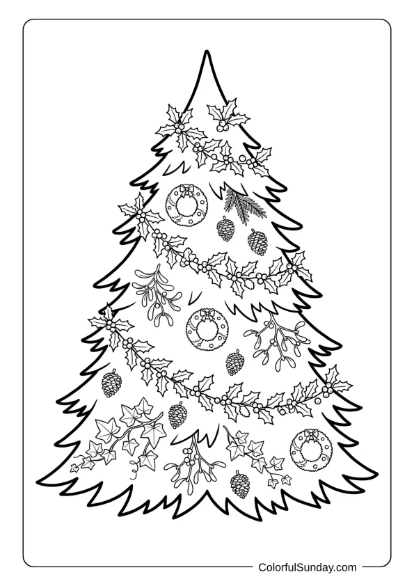 A coloring page Christmas tree decorated with wreaths, garlands, holly, and festive botanical winter greenery