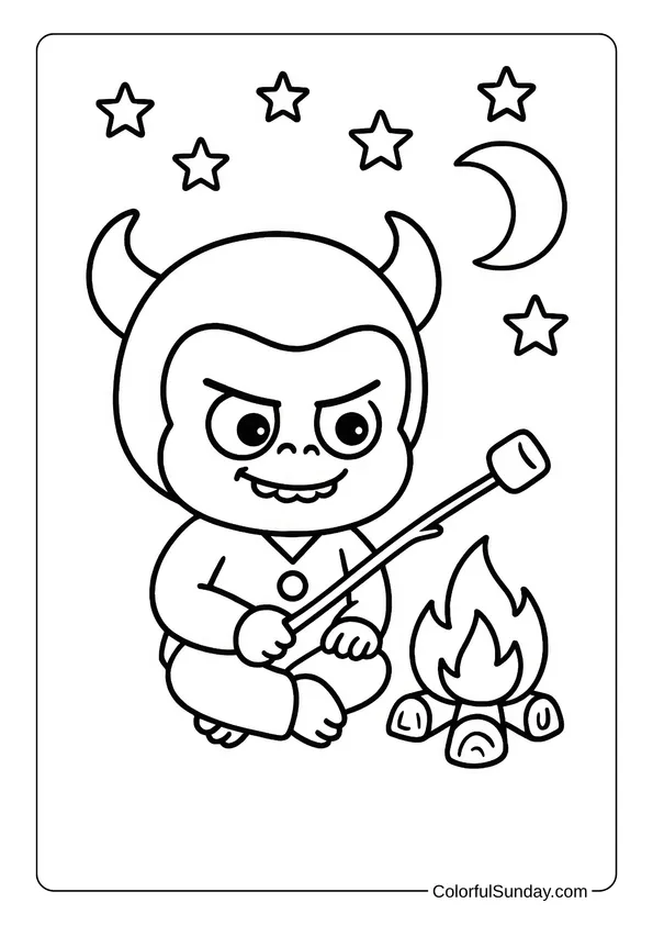 Yaya Camping Under the Stars Coloring Page Yaya roasts a marshmallow over a campfire under the stars and moon in a cozy camping-themed coloring page.