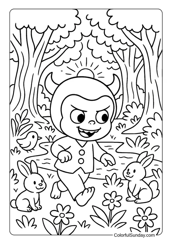 Yaya Explores a Magical Forest Coloring Page Yaya walks through a magical forest with bunnies and birds in this whimsical coloring page.