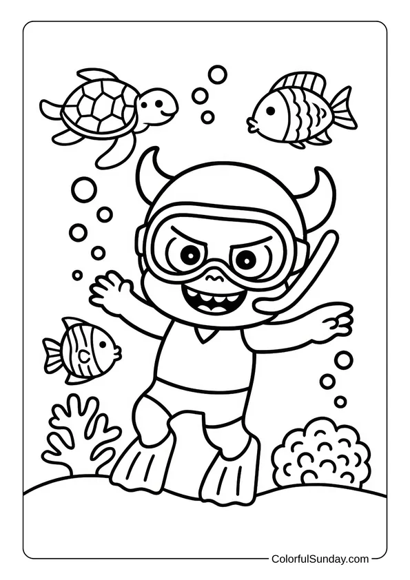 Yaya Explores an Underwater World Coloring Page Yaya dives underwater with goggles and fins, surrounded by cheerful fish, a turtle, and coral in this sea life coloring page.