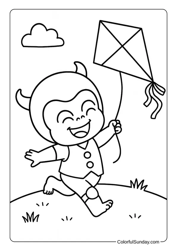 Yaya Flies a Colorful Kite Coloring Page Yaya runs with a kite in her hand, smiling as the wind lifts it high, perfect for a coloring page.