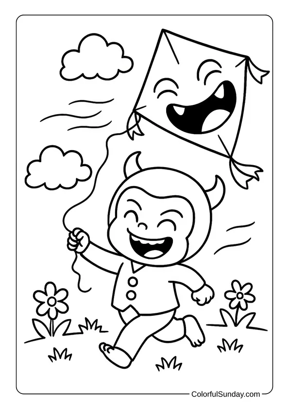 Yaya Flies a Monster Kite Coloring Page Yaya runs through a field flying a joyful kite on a breezy day in this playful coloring page.