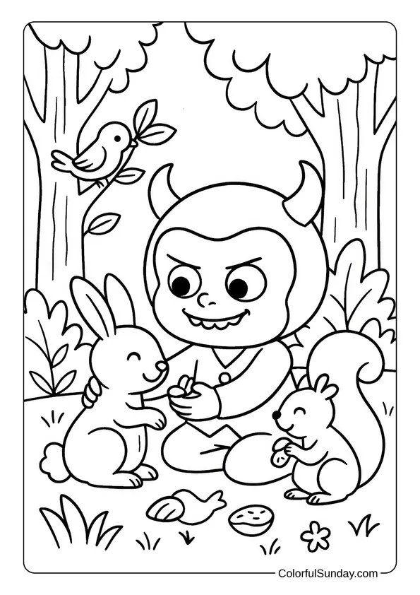 Yaya Plays with Forest Animals Coloring Page Yaya shares snacks with a bunny and a squirrel while a bird watches from a tree in this peaceful forest coloring page.