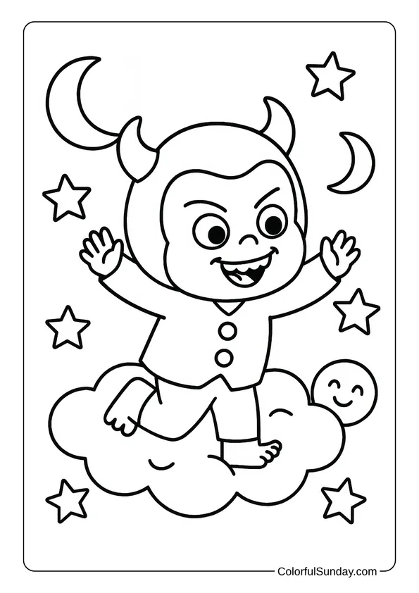 Yaya Rides a Magic Cloud Coloring Page Yaya walks on smiling clouds surrounded by stars and moons in a dreamy night sky coloring page.