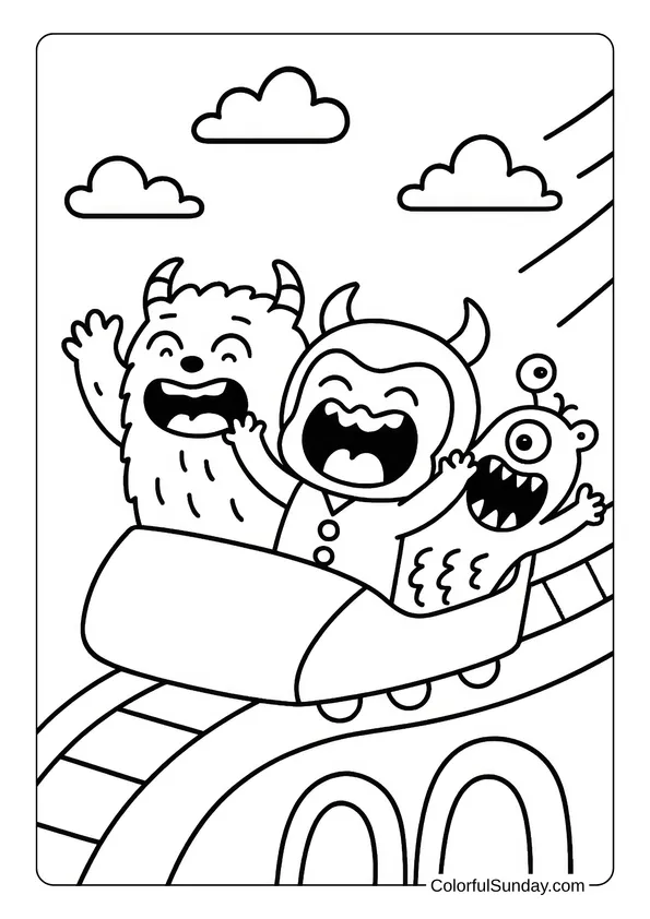 Yaya Rides a Roller Coaster Coloring Page Yaya rides a roller coaster with two happy monster friends in this fun amusement park coloring page.