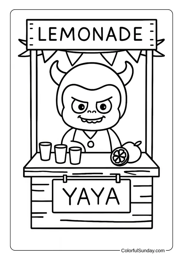 Yaya Sells Lemonade at a Stand Coloring Page Yaya sells lemonade from a wooden stand with a big smile and fresh lemons in this summer business coloring page.
