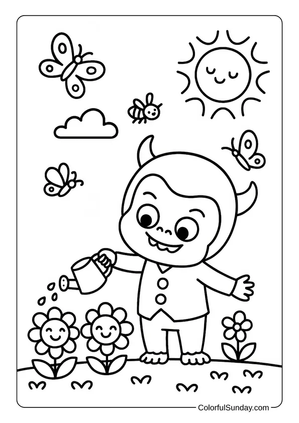 Yaya Waters Happy Flowers Coloring Page Yaya waters smiling flowers while butterflies and bees fly under the sun in a springtime garden coloring page.
