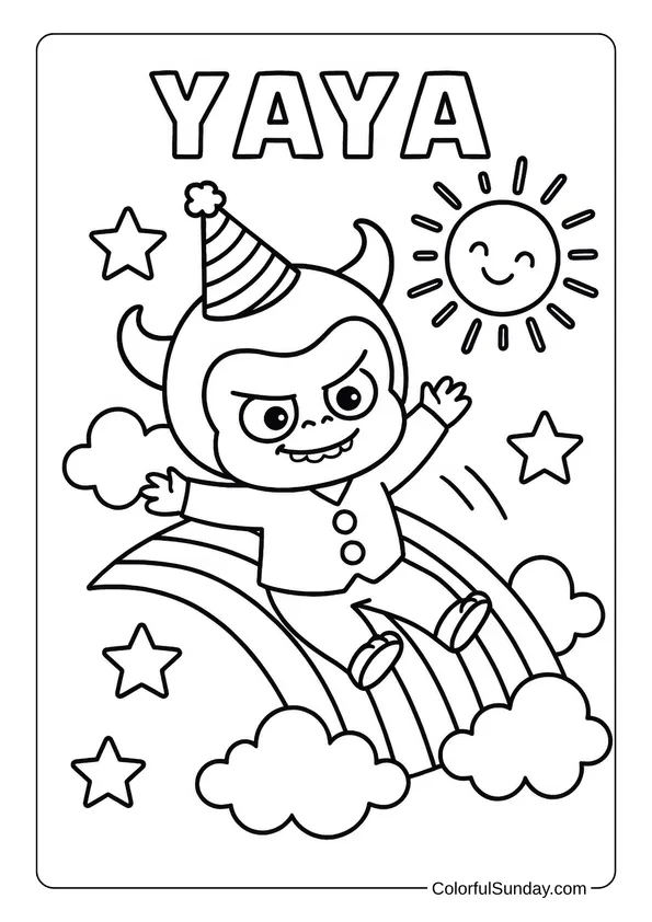 Yaya and the Magic Rainbow Coloring Page Yaya slides down a rainbow under the sun and stars while wearing a party hat in a cheerful coloring page.