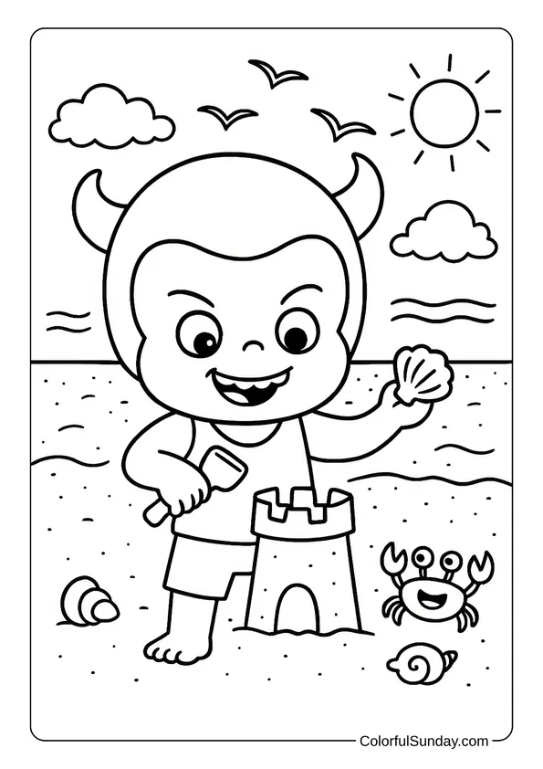 Yaya at the Beach Adventure Coloring Page At the beach, Yaya builds a sandcastle while holding a shell and smiling at a crab in a summer coloring page.