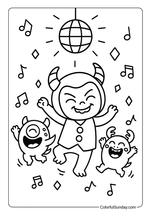 Yaya’s Funny Monster Dance Party Coloring Page Yaya and her monster pals dance happily under a disco ball with music notes flying around in a party coloring page.
